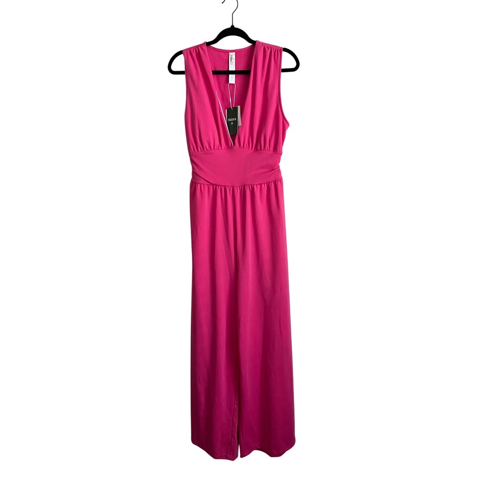 NWT Halara V Neck Sleeveless Ruched Pocket Jumpsuit-Easy Peezy Pink Wide Leg L - Picture 3 of 9